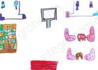 disegno raffigurante un aula con bagni interni, poltrone rosa e lavagna tv