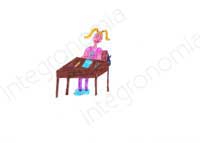 disegno raffigurante una bambina seduta al banco che calza pantofole-animaletto
