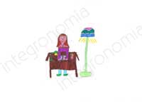 disegno raffigurante una bambina seduta ad un banco con una lampada e una coloratissima piantana