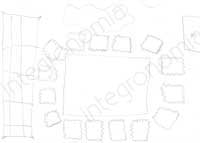 disegno raffigurante un aula in cui intorno ad un enorme banco sono disposte le sedie