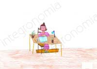 disegno raffigurante una bambina seduta ad un banco con una lampada e delle piantine