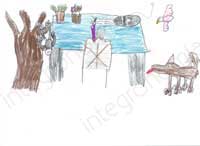 disegno raffigurante un bambino seduto ad un banco enorme e posto di spalle all'osservatore