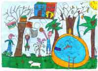 disegno raffigurante l'edificio scolastico coloratissimo posto in alto su un ramo di un enorme albero, e sotto un giardino attrezzato
