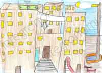 disegno raffigurante un enorme edificio scolastico beige che occupa tutto il foglio e a cui si accede tramite una ripida e altissima scala