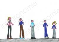 disegno raffigurante cinque bambini in piedi e posti frontalmente, l'uno di fianco all'altro