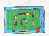 disegno raffigurante una coloratissima aula dai banchi tutti uniti